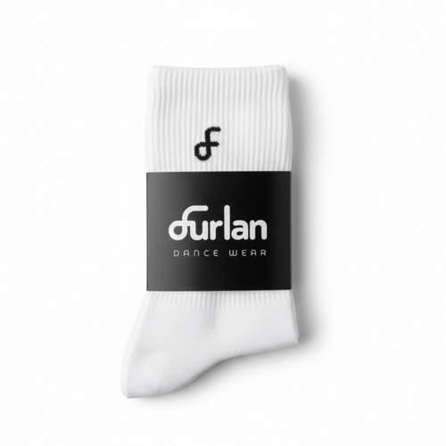 White sock with a black label featuring 'furlan dance wear' on a white background